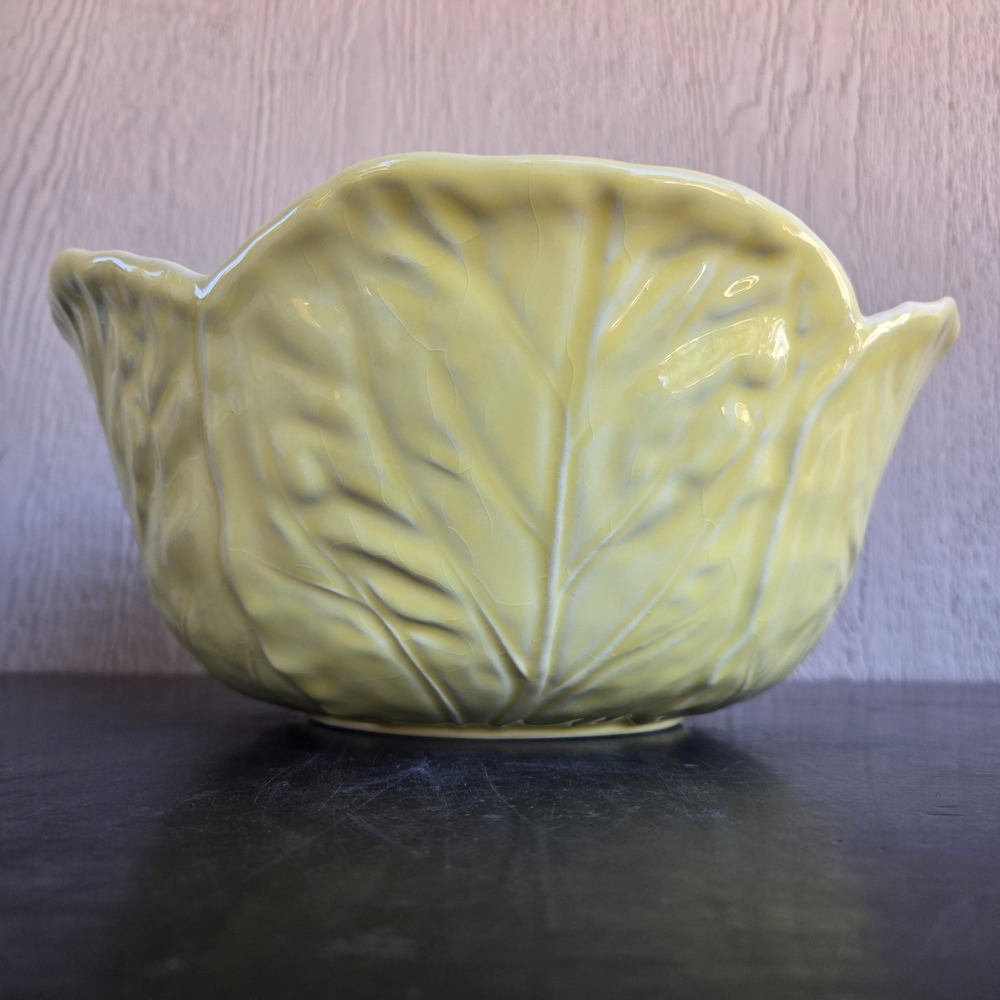 Vintage Bordallo Pinheiro Yellow Cabbage Leaf Ceramic Serving Bowl Portugal